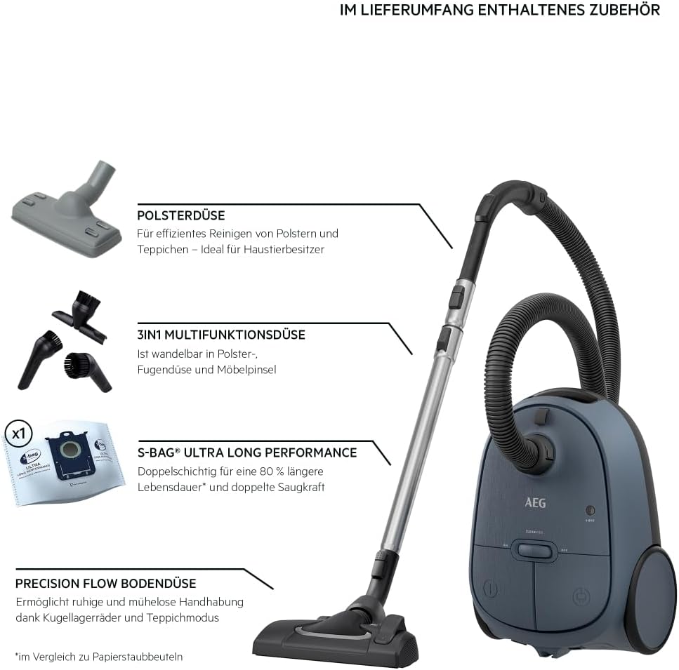 AEG CLEAN 6000 AB61C2DB Staubsauger mit Beutel / hohe Saugleistung / inkl. Polsterdüse / 50 % Recyclingkunststoff / ideal für Haustierbesitzer / Reinigen von Polstern / 12 m Kabel / 750 W / Blau