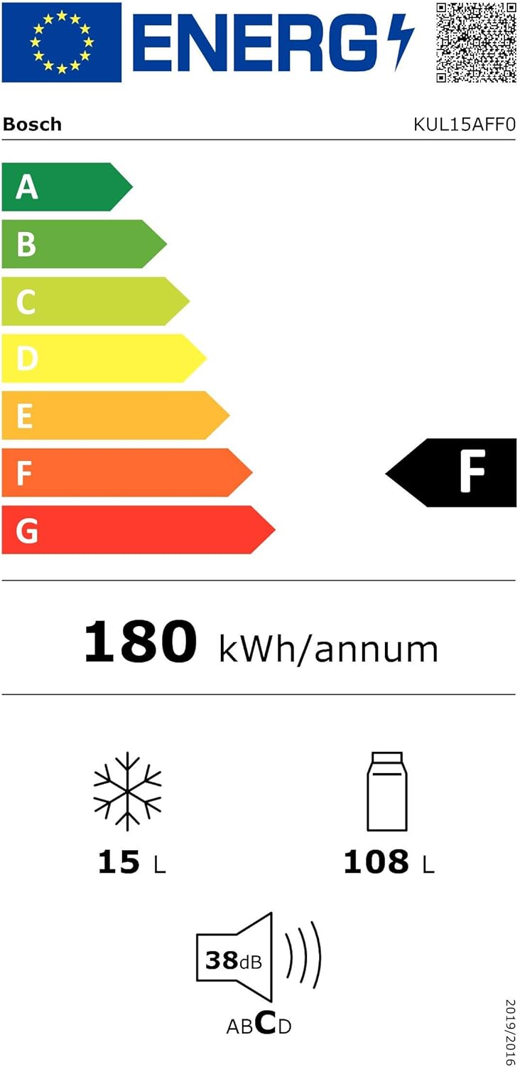 Bosch KUL15AFF0 Serie 6 Unterbau-Kühlschrank, 82 x 60 cm Nische, 123 L, Flachscharnier, Made in Germany, LED-Beleuchtung gleichmäßige Ausleuchtung, MultiBox Lagerung von Obst und Gemüse