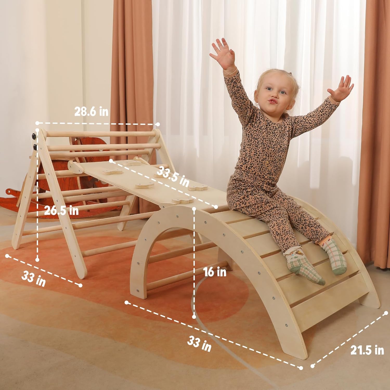Dreieck-Set mit Kissen, 5-in-1 Montessori-Kletterset, faltbar, Kletter-Indoor-Spielplatz-Set für Kleinkinder, Holz-Kletterspielzeug mit Rampe und Kletterbogen für Kinder (Holzfarbe)
