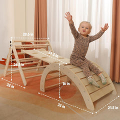 Dreieck-Set mit Kissen, 5-in-1 Montessori-Kletterset, faltbar, Kletter-Indoor-Spielplatz-Set für Kleinkinder, Holz-Kletterspielzeug mit Rampe und Kletterbogen für Kinder (Holzfarbe)
