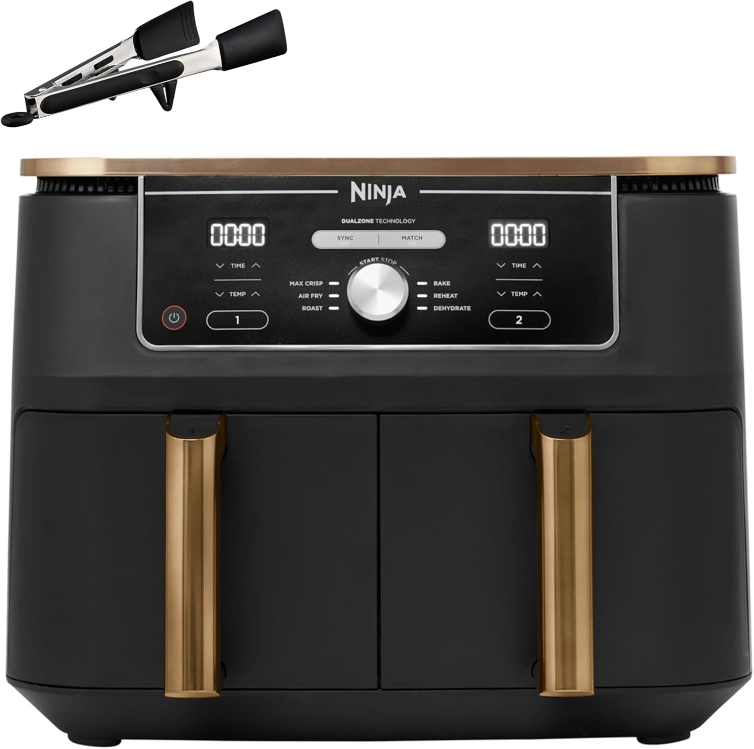 Ninja Heißluftfritteuse MAX PRO, 6,2 L, ölfrei, große Schublade, Rösten, Backen, Air Fry, Antihaftbeschichtet, Spülmaschinenfester Korb & Crisper Gittereinsatz, Silikonzange, Schwarz/Kupfer, AF180EUCP