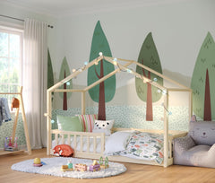 Bellabino Kinderbett Bia 140x200 cm, Hausbett Kinder inkl. Rausfallschutz und Rolllattenrost, Montessori Bodenbett weiß aus Massivholz Kiefer