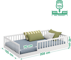 CADANI Timi 2in1 Bodenbett 140x200 cm Montessori Kinderbett mit abnehmbaren Rausfallschutz inkl. Lattenrost, Kiefer Massivholz, weiß - 3 Aufbauvarianten, bis 200 kg belastbar, umbaubar