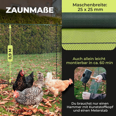 SELFmania Hühnerzaun 25m lang | ENGMASCHIG STABIL UV-SCHUTZ 120 cm hoch | Freilaufgehege Hühner mit 21 Befestigungsstäben + 25 U-Heringe | Hundezaun | Kleintiere | Geflügelzaun | Hühner Zubehör