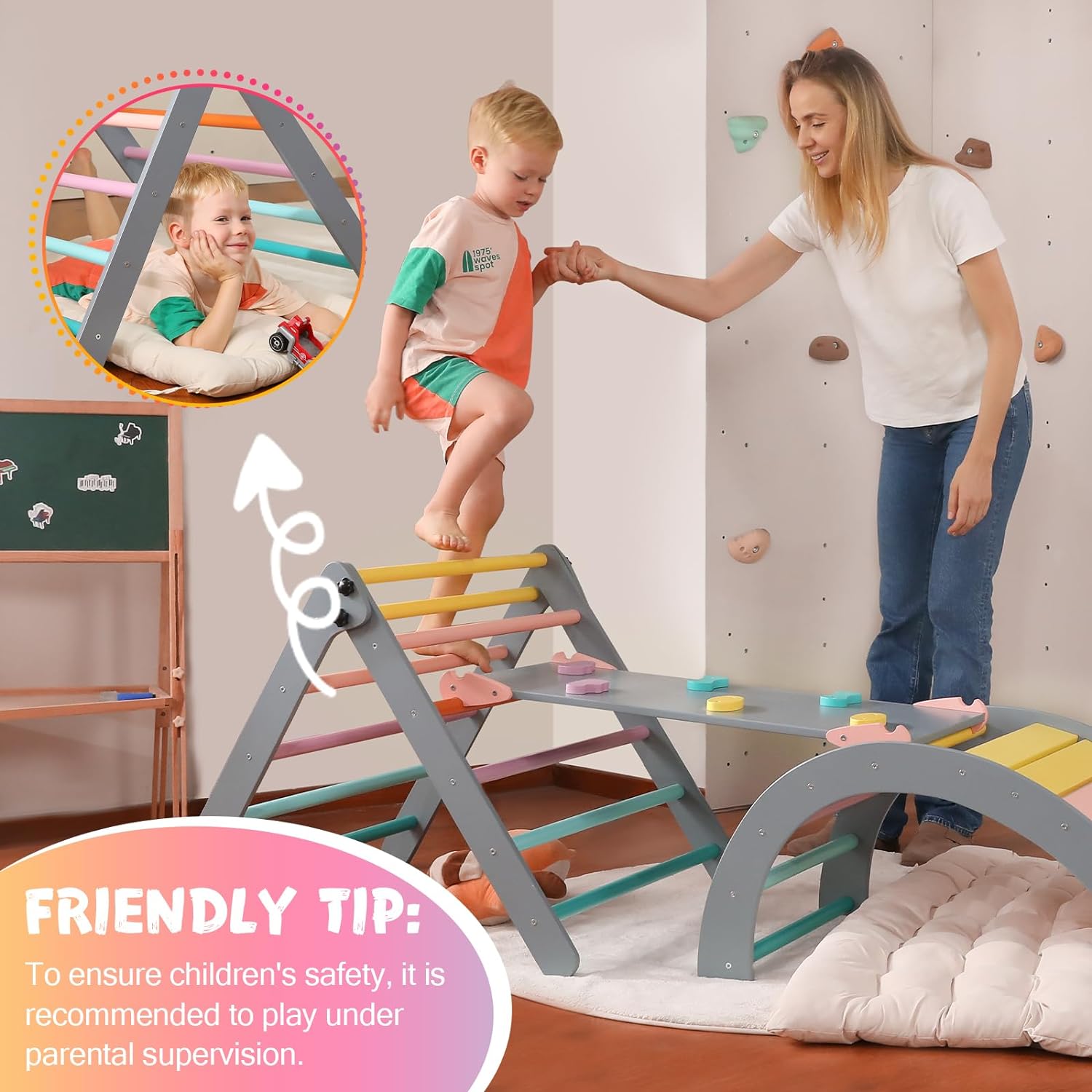 Dreieck-Set mit Kissen, 5-in-1 Montessori-Kletterset, faltbar, Kletter-Indoor-Spielplatz-Set für Kleinkinder, Holz-Kletterspielzeug mit Rampe und Kletterbogen für Kinder (Holzfarbe)