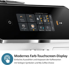 Philips 2300 Serie Vollautomatische Espressomaschine - 4 Getränke, modernes Farb-Touchscreen-Display, LatteGo-Milchsystem, SilentBrew, Keramikmahlwerk, AquaClean-Filter. Weißes Chrom (EP2333/40)