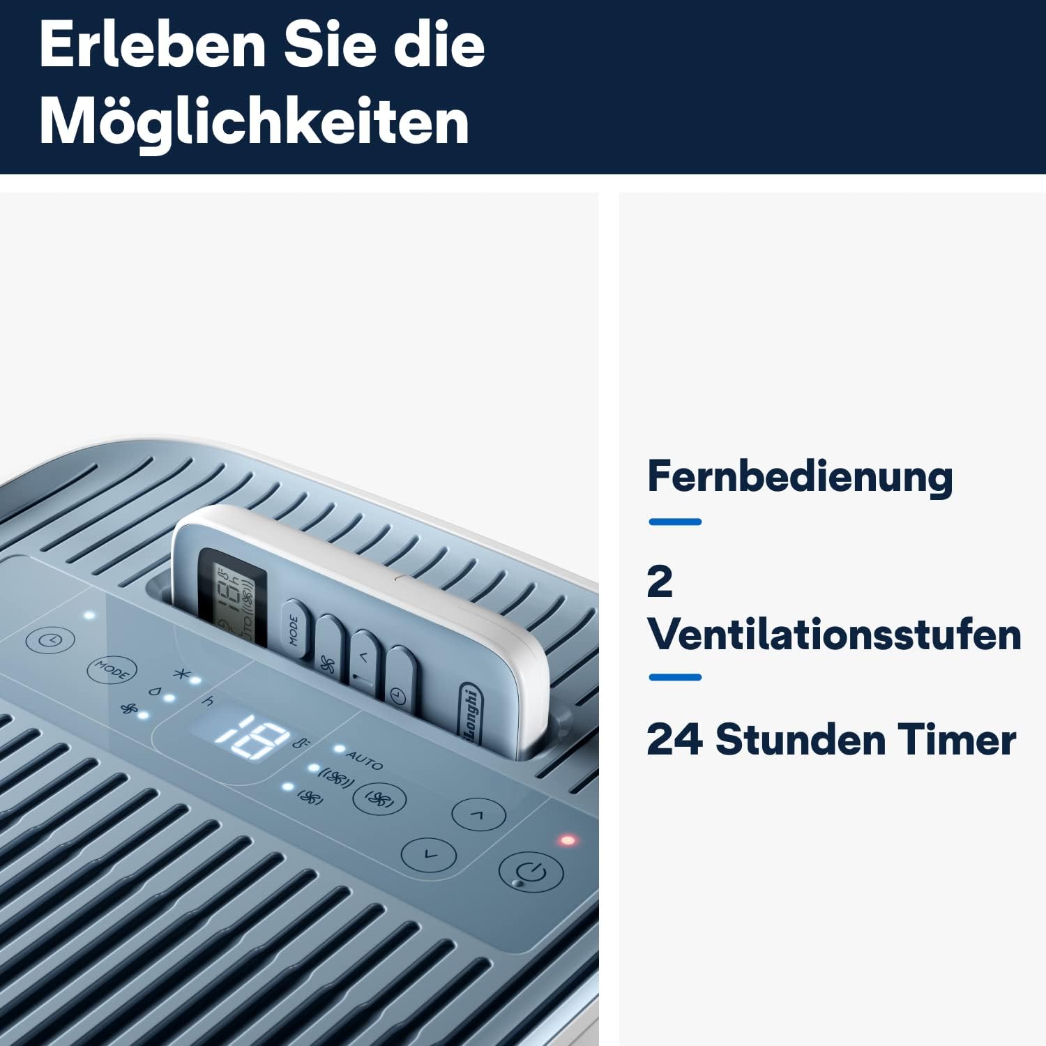 De'Longhi Pinguino PAC EM82, Mobile Klimaanlage für Rume bis zu 80 m, 9.400 BTU, 2,4 kW, 63 dB, Entfeuchtungsfunktion, Energieklasse A, 24h-Timer, Wei