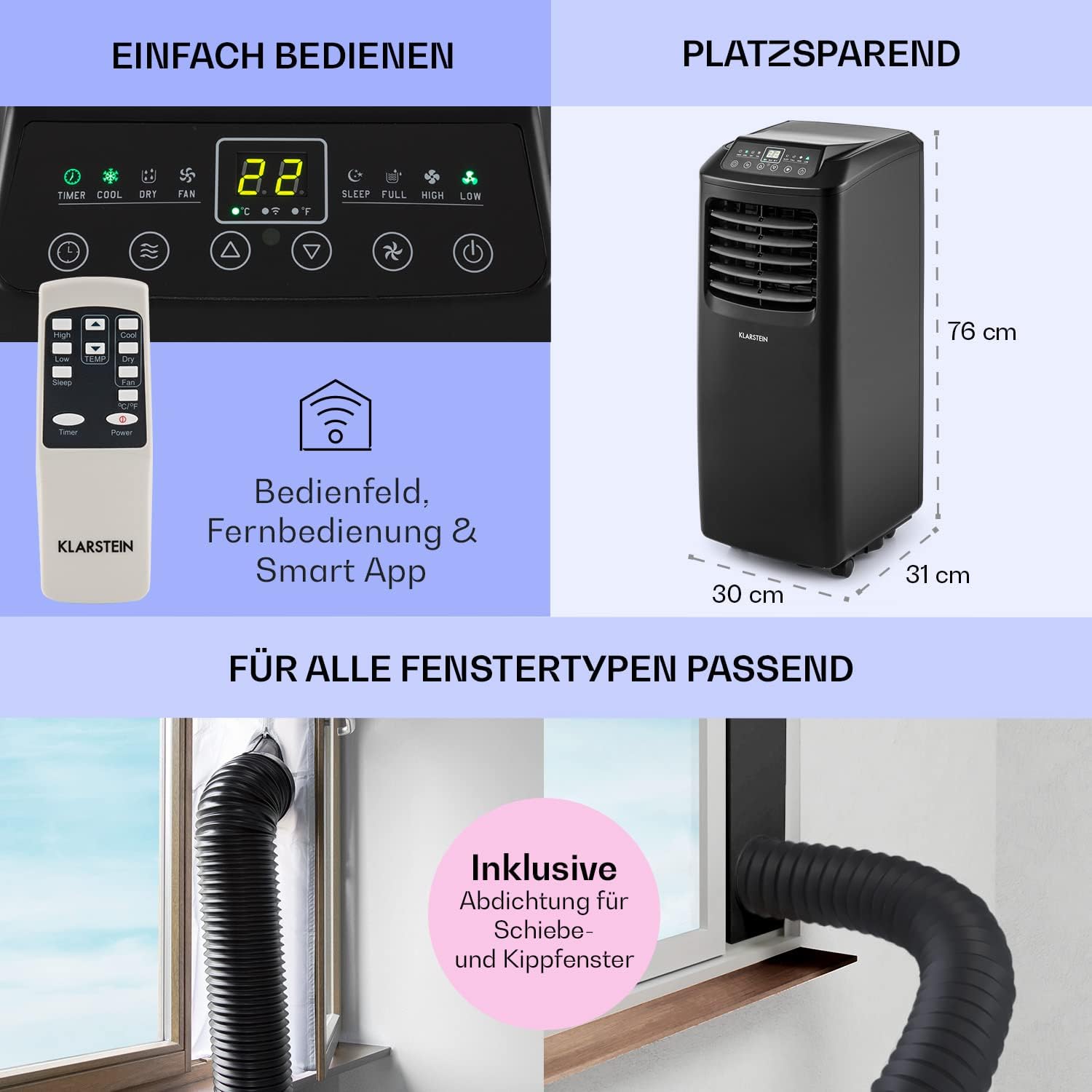 Klarstein Mobile Klimaanlage mit Abluftschlauch, 3-in-1 Klimagerät mit Ventilator & Luftentfeuchter, Kleine & Portable Klimaanlage für Wohnung & Büro, mit Nachtmodus & App-Steuerung, 7000 BTU