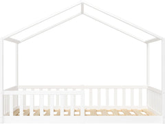 Bellabino Kinderbett Bia 140x200 cm, Hausbett Kinder inkl. Rausfallschutz und Rolllattenrost, Montessori Bodenbett weiß aus Massivholz Kiefer