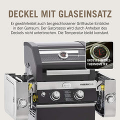 RÖSLE Elektrogrill BBQ-Portable Videro E2-P, tragbarer Tischgrill mit 2 Brennern, Warmhalterost und Deckel mit Glaseinsatz, pulverbeschichteter Stahl, schwarz/silbern