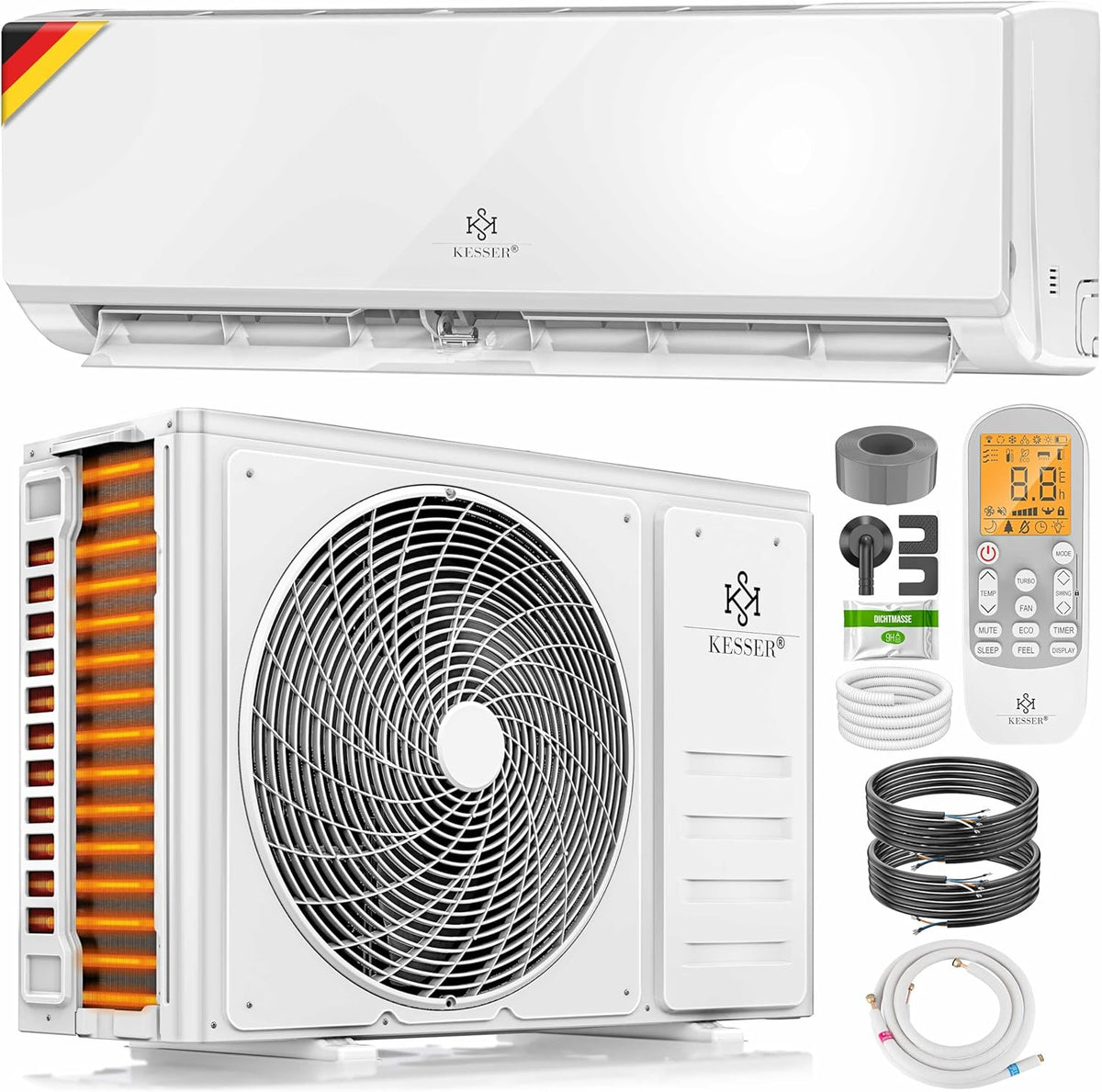 KESSER® Klimaanlage Set Split - mit WiFi/App Funktion Klimagerät - Kühlen A++/ Heizen A+ - 9000 BTU/h (2.600 Watt) Kältemittel R32 - Fernbedienung, Timerfunktion - Inkl. komplettem Montagematerial