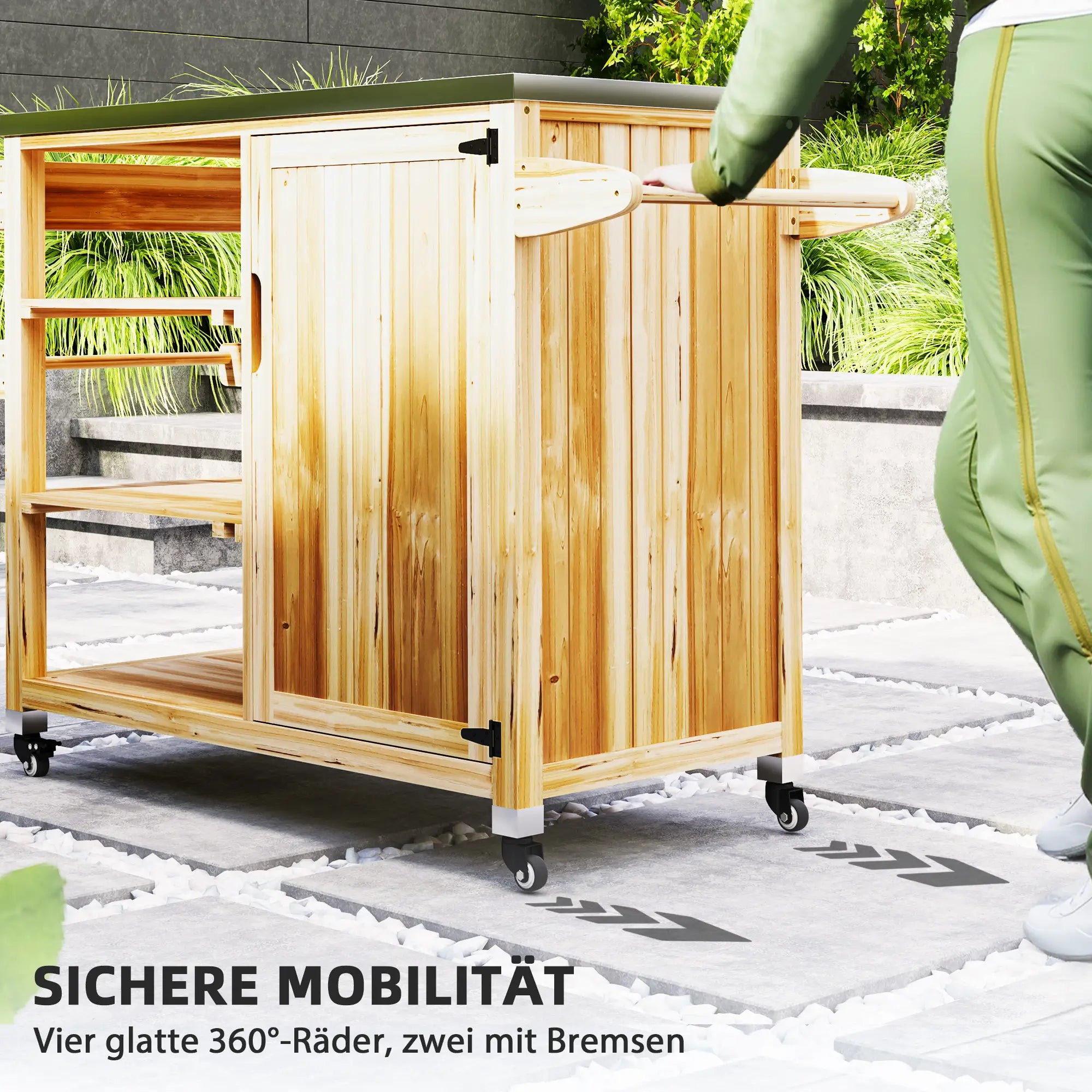 Outsunny Grillwagen Outdoor Kücheninsel mit Rollen Massivholz