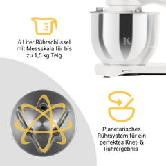 KLAMER Küchenmaschine 1800W, Knetmaschine Brotteig mit Edelstahl-Rührschüssel 6 L, 10 Stufen mit Timer, Planetenrührwerk, Rührbesen, Knethaken, Schneebesen & Sichtdeckel (schwarz)