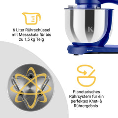 KLAMER Küchenmaschine 1800W, Knetmaschine mit 6 Liter Edelstahl Schüssel, 10 Geschwindigkeitsstufen mit Timer, Rührbesen, Knethaken, Schneebesen und Spritzschutz
