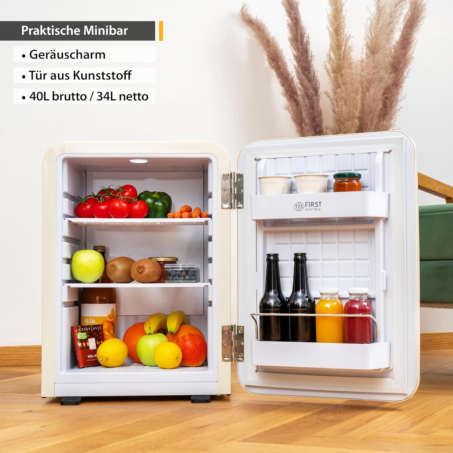 TZS First Austria lautloser Minikühlschrank | Retro Design | Einstellbare Kühlleistung | Türgriff |Thermoelektrisches Kühlsystem | 40L | creme