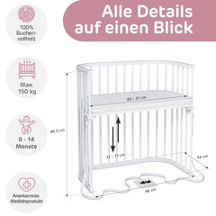 babybay Original Beistellbett aus massivem Buchenholz / kompakt & verwandelbar / Kinderbett Höhe stufenlos verstellbar & umweltfreundlich / mitwachsendes Babybett (weiß lackiert) / inkl. Matratze