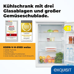 Exquisit Kühlschrank ohne Gefrierfach, 133 Liter, Vollraumkühlschrank freistehend, Türanschlag Wechselbar, KS516-V-H-010D weiss