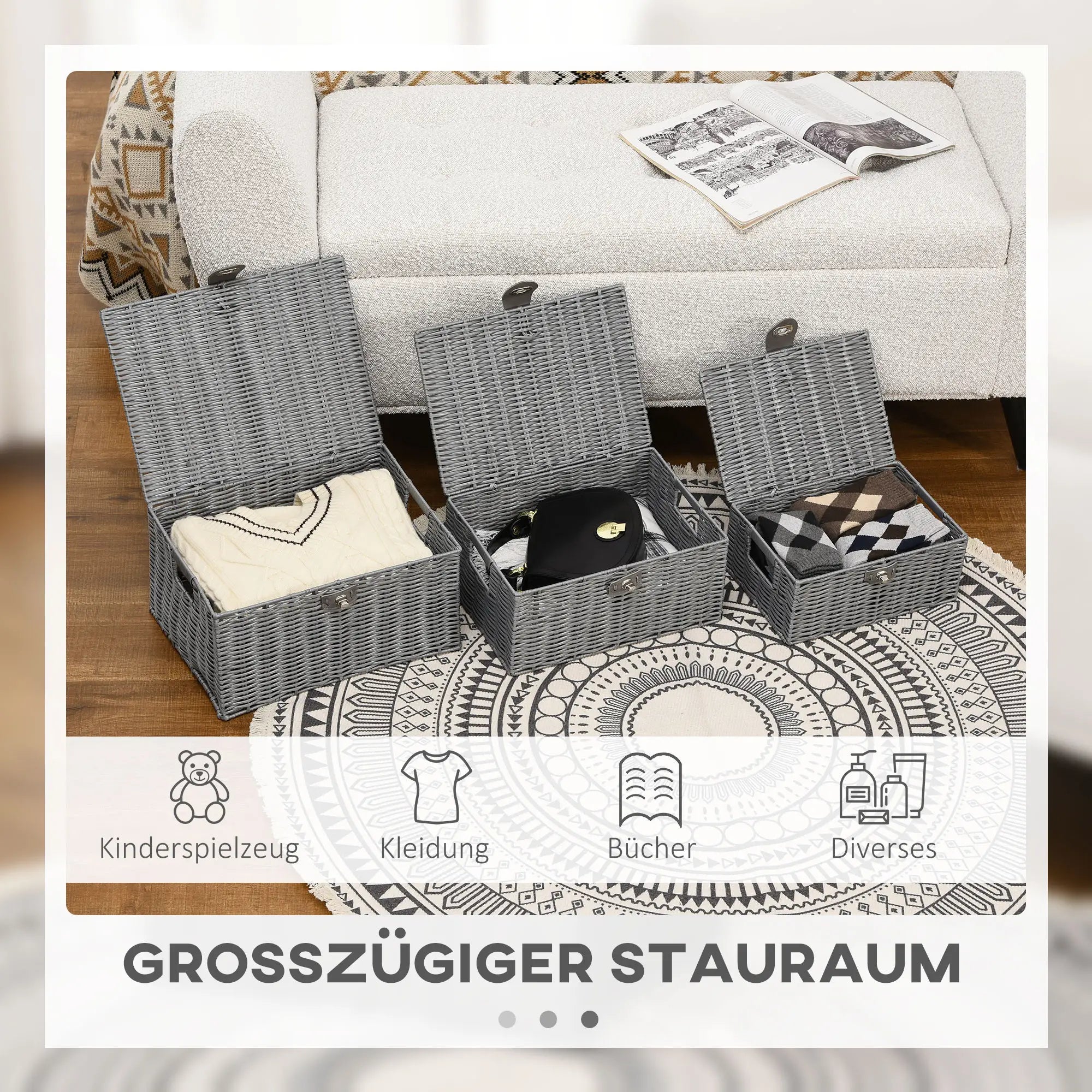 HOMCOM Aufbewahrungskorb 3er-Set handgeflochten mit Deckel