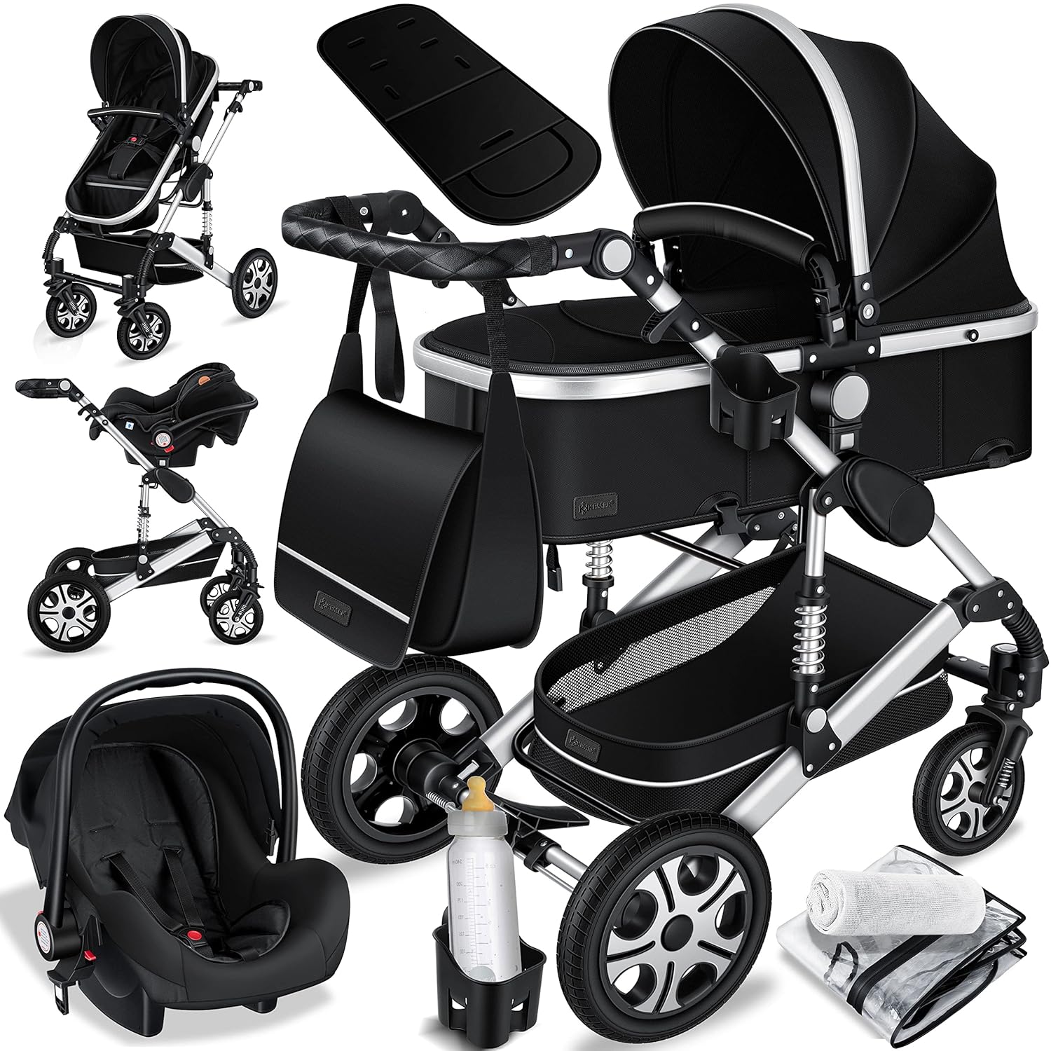 KESSER Loops 3 in 1 Kinderwagen Kombikinderwagen Komplett-Set inkl. Babywanne & Buggy Sportsitz & Auto-Babyschale Voll-Gummireifen Wickeltasche Regenschutz Kindertisch ECE R129, Schwarz/Champagne