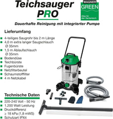 Wagner Green Teichsauger PRO VA | Non-Stop saugen | komplett Teichschlammsauger für die Reinigung für Gartenteich Schwimmteich Fischteich Pool und Haus