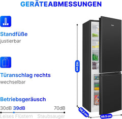 Bomann Fridge-Freezer KG 320.2, 143 cm High, Fridge-Freezer with 175 Litre Capacity, 3 Shelves and 3 Drawers, Door Stop Replaceable, Quiet Fridge-Freezer 39 dB, Black