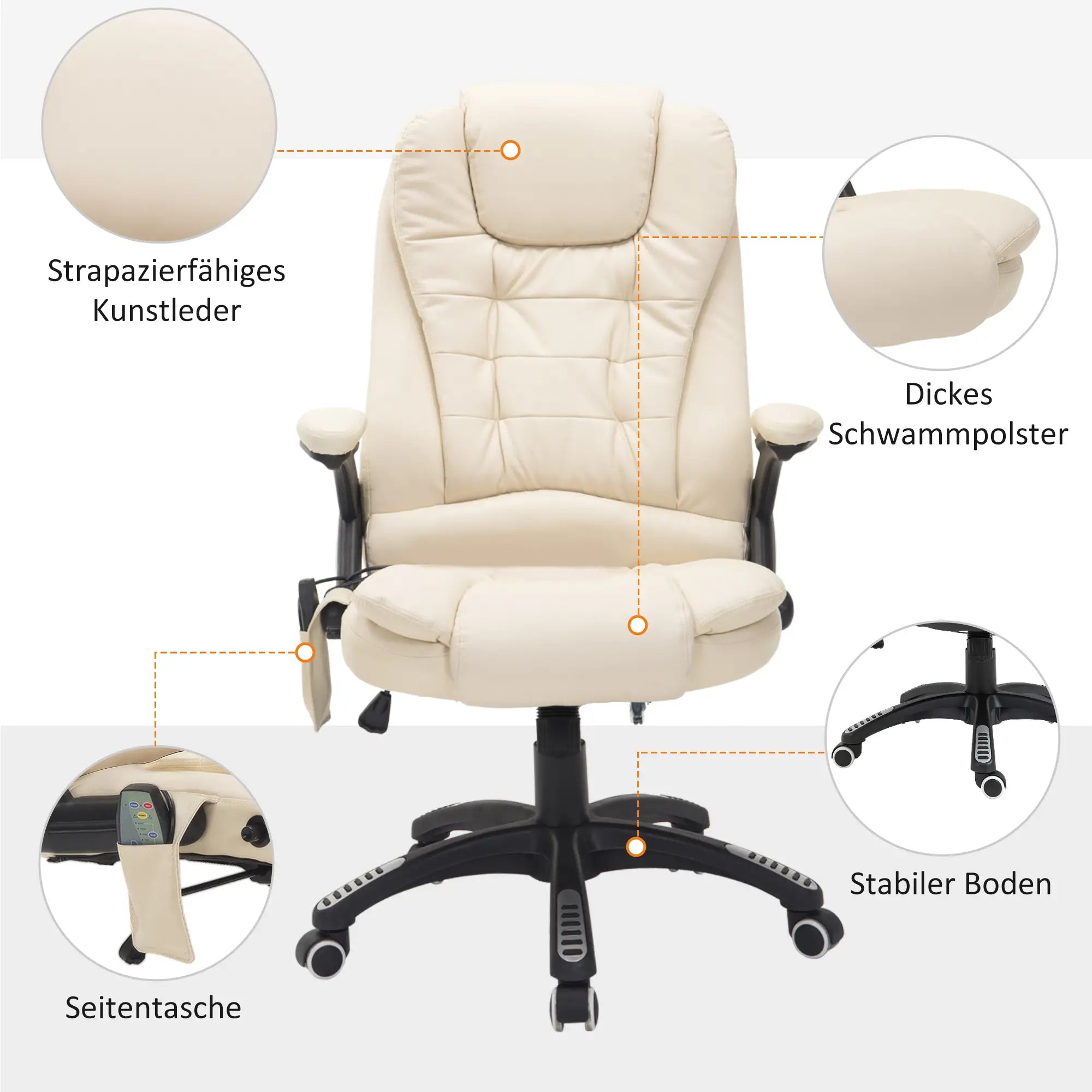 HOMCOM Bürostuhl Chefsessel Massagefunktion höhenverstellbar cremeweiß