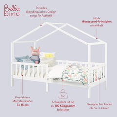 Bellabino Kinderbett Bia 140x200 cm, Hausbett Kinder inkl. Rausfallschutz und Rolllattenrost, Montessori Bodenbett weiß aus Massivholz Kiefer