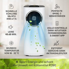 Klarstein Mobile Klimaanlage mit Abluftschlauch, 5-in-1 Klimagerät, Ventilator, Luftentfeuchter, Luftreiniger & Nachtmodus, App-Steuerung, Kleine & Portable, für Wohnung & Büro, 12000 BTU