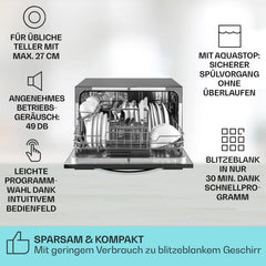 Klarstein ia 8 - Spülmaschine, Geschirrspüler, Freistehend, Teilintegriert, F, 55 cm breit, 8 Maßgedecke, 6 Programme, Aquastop, silber