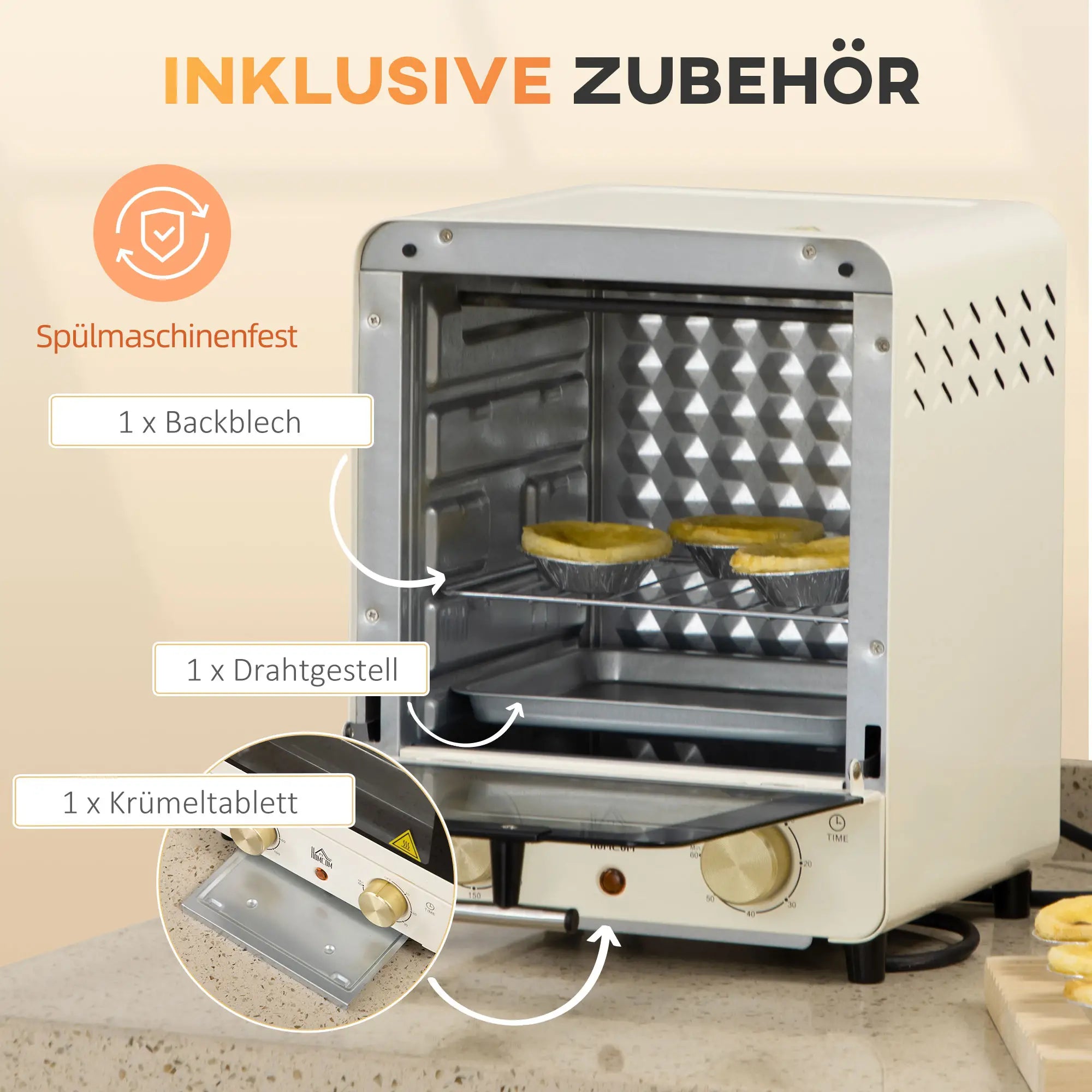 HOMCOM Minibackofen einstellbare Temperatur Timer Sichtfenster Cremeweiß