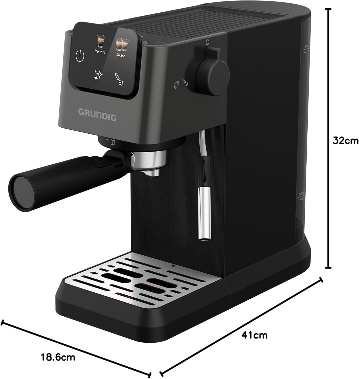 GRUNDIG KSM 5330 Siebträgermaschine mit integriertem Milchbehälter, 1628 W Leistung, 15 bar Pumpendruck, Zweifachdüse, farbiges Touch-Display, BrewSense, CreamyPro, Dark Inox/Schwarz