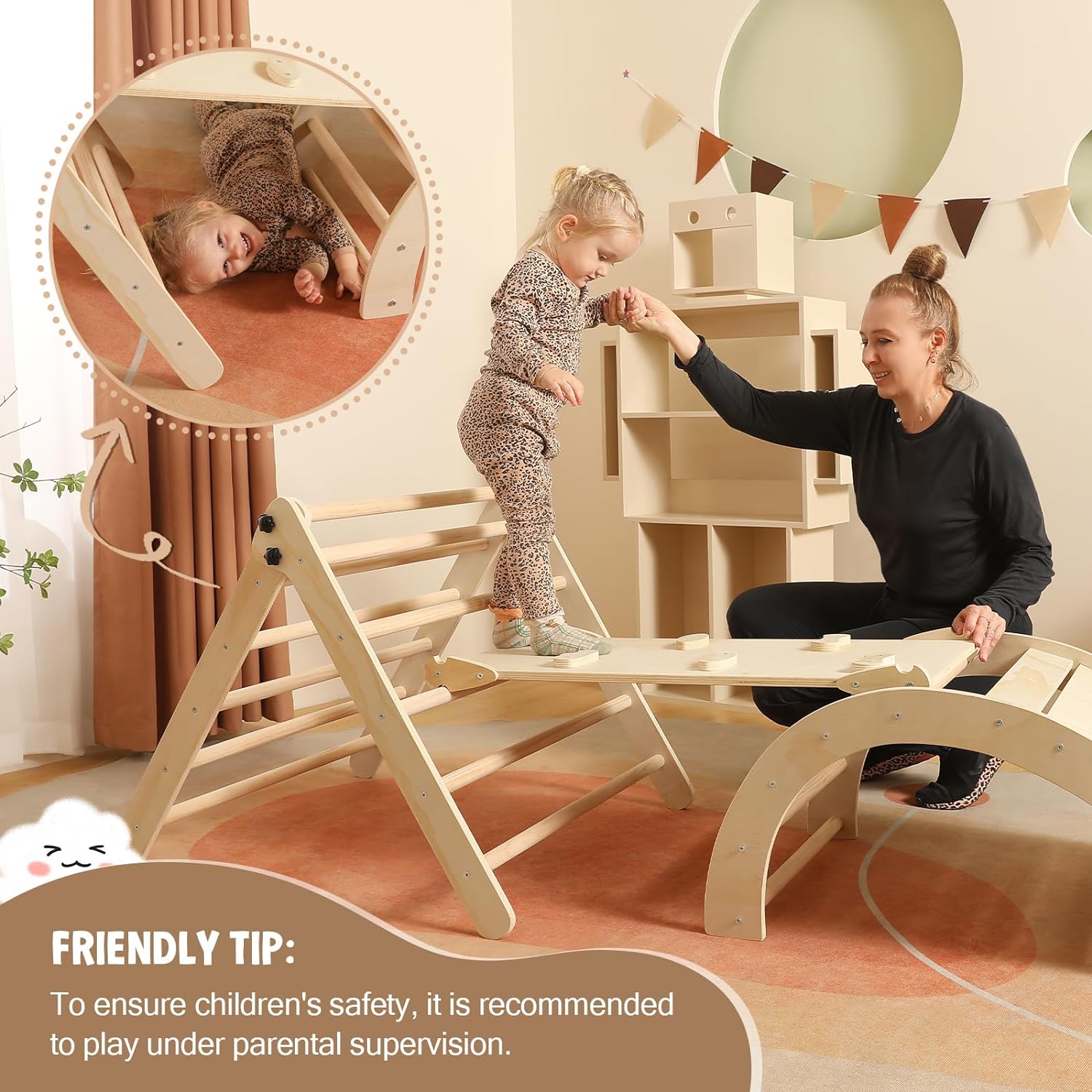 Dreieck-Set mit Kissen, 5-in-1 Montessori-Kletterset, faltbar, Kletter-Indoor-Spielplatz-Set für Kleinkinder, Holz-Kletterspielzeug mit Rampe und Kletterbogen für Kinder (Holzfarbe)
