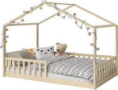 Bellabino Kinderbett Bia 140x200 cm, Hausbett Kinder inkl. Rausfallschutz und Rolllattenrost, Montessori Bodenbett weiß aus Massivholz Kiefer