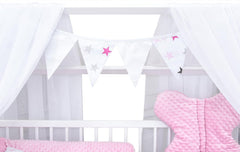 Baby Delux Babybett Komplett Set Hausbett 60x120 cm weiß Schublade Rausfallschutz Kinderbett Matratze Bettwäsche Deko Set (Prince Stars)