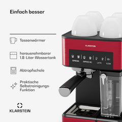 Klarstein Espresso Siebträgermaschine mit Milchaufschäumer, 1,8L Mini-Espressomaschine mit Siebträger, 20 Bar, Edelstahl, Klein, 0,5L Milchtank, 1350W Kaffeemaschine für Gemahlenen Kaffee