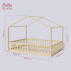Bellabino Kinderbett Bia 140x200 cm, Hausbett Kinder inkl. Rausfallschutz und Rolllattenrost, Montessori Bodenbett weiß aus Massivholz Kiefer