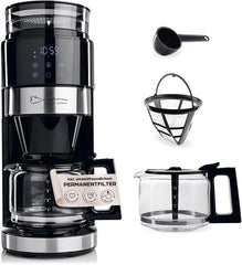 Barista Filterkaffeemaschine mit verstellbarem Mahlwerk & Thermokanne | Warmhaltefunktion, 24h Timer & Permanentfilter | Für 10 Tassen Kaffee | Kaffeemaschine für Bohnen & Pulver [Edelstahl]