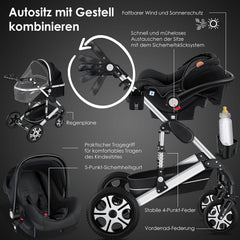 KESSER Loops 3 in 1 Kinderwagen Kombikinderwagen Komplett-Set inkl. Babywanne & Buggy Sportsitz & Auto-Babyschale Voll-Gummireifen Wickeltasche Regenschutz Kindertisch ECE R129, Schwarz/Champagne