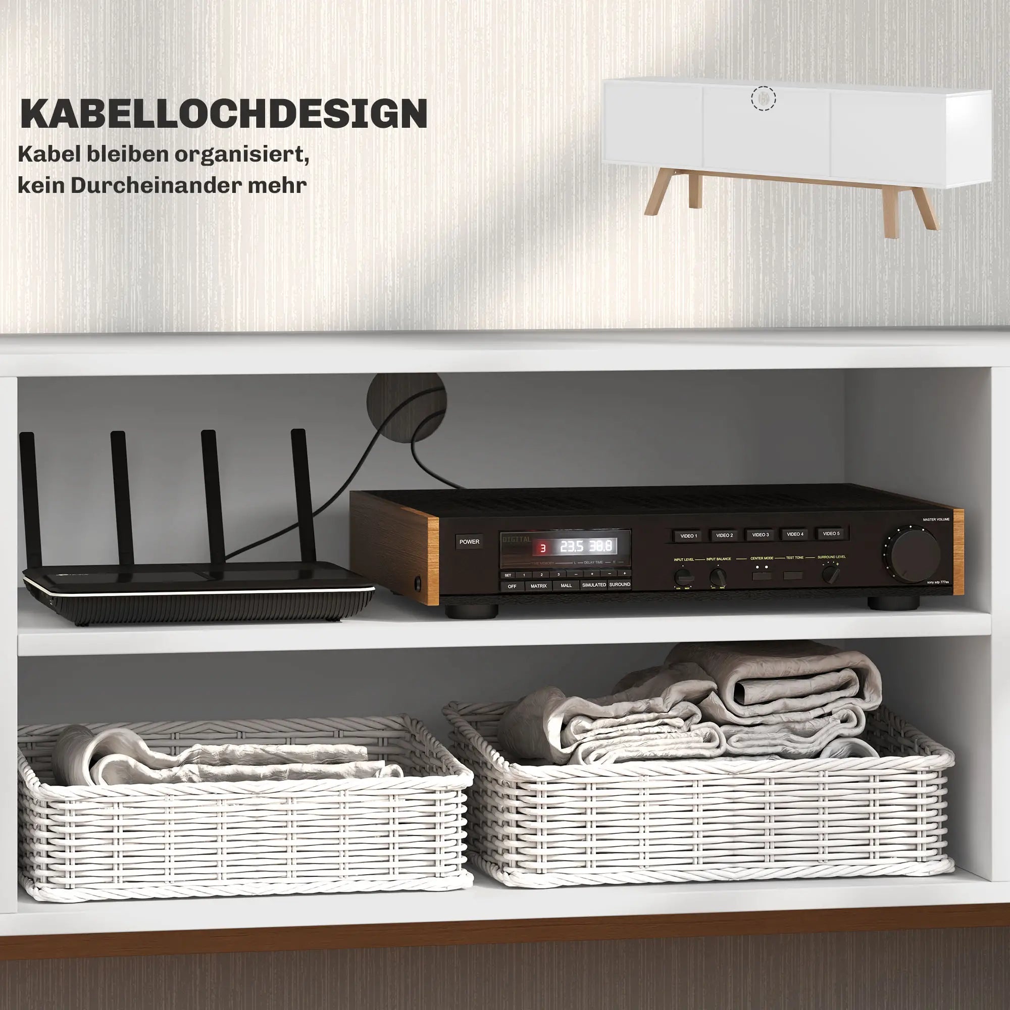 HOMCOM TV Lowboard 65 Zoll mit Kabelführung und 2 Schränken Weiß