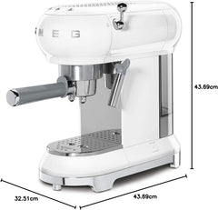 Smeg, ECF01WHEU Manual Espresso -Maschine, Cappuccino -System, Thermoblock, große Tassengehäuse und Doppelkaffeefunktion, 1 l Wassertank, kompakte Abmessungen, 1350W, Weiß