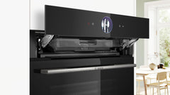 Bosch HMG7361B1, Serie 8 smarter Einbau-Backofen mit Mikrowellenfunktion, 60 x 60 cm, Made in Germany, Schwarz, Air Fry, Digitaler Bedienring, Touchdisplay, Automatikprogramme, Reinigungsunterstützung