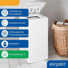 Exquisit Toplader Waschmaschine, 7,5kg Füllmenge, Waschmaschine schmal, Energieklasse A, 1200 U/Min, Startzeitvorwahl, Kurzprogramm, LTO51207-030A weiss