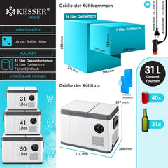 KESSER® Kompressor Kühlbox 2in1 Doppelzone Kühl & Gefrierfach elektrische Gefrierbox mit 2x Kühlakkus & LED-Touch-Bedienung | Kühlschrank Kühlung bis -20 °C für Camping, Auto, Lkw 12/24V 230V