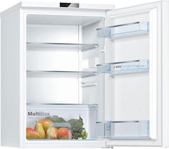 Bosch KTR15NWEB, Serie 2 Mini-Kühlschrank 85 x 56, 134 L, MultiBox für länger frisches Obst und Gemüse, Schnellkühlung, 39 dB leise trotz starker Kühlkraft, LED-Beleuchtung, Weiß