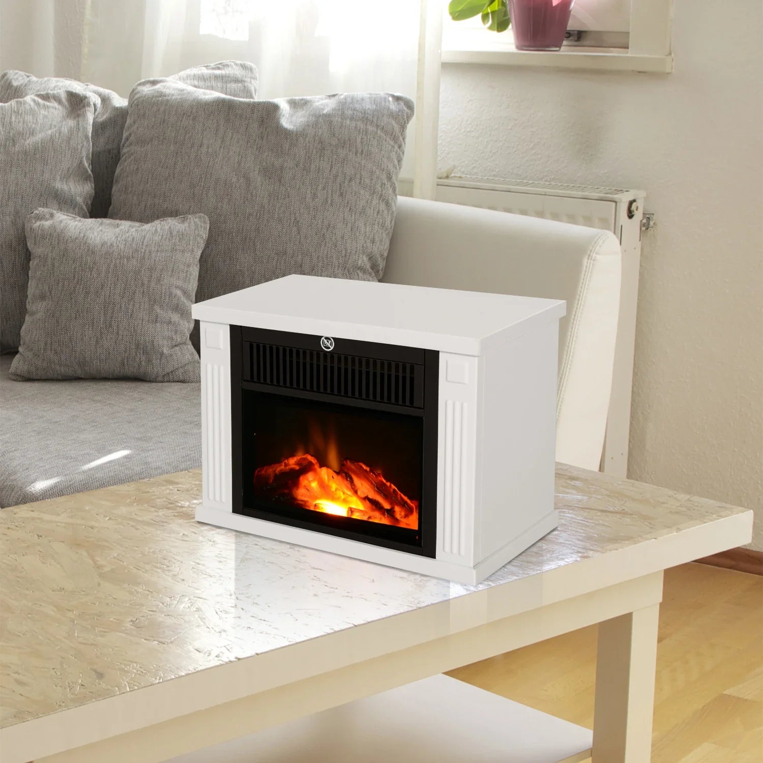 HOMCOM Elektrokamin Standkamin Flammeneffekt Heizlüfter Weiß