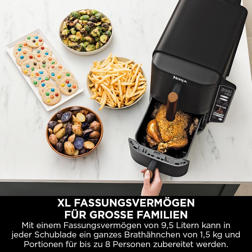 Ninja Heißluftfritteuse MAX PRO, 6,2 L, ölfrei, große Schublade, Rösten, Backen, Air Fry, Antihaftbeschichtet, Spülmaschinenfester Korb & Crisper Gittereinsatz, Silikonzange, Schwarz/Kupfer, AF180EUCP