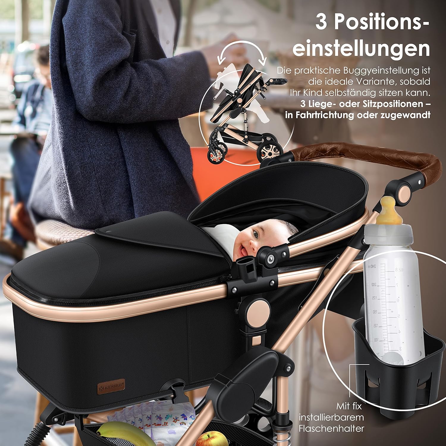 KESSER Loops 3 in 1 Kinderwagen Kombikinderwagen Komplett-Set inkl. Babywanne & Buggy Sportsitz & Auto-Babyschale Voll-Gummireifen Wickeltasche Regenschutz Kindertisch ECE R129, Schwarz/Champagne