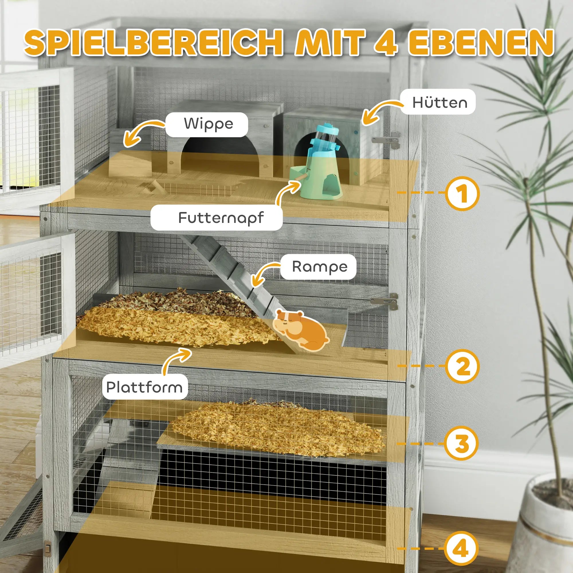 PawHut Zwerghamsterkäfig mehrstöckig mit Rollen und Reinigungsschale