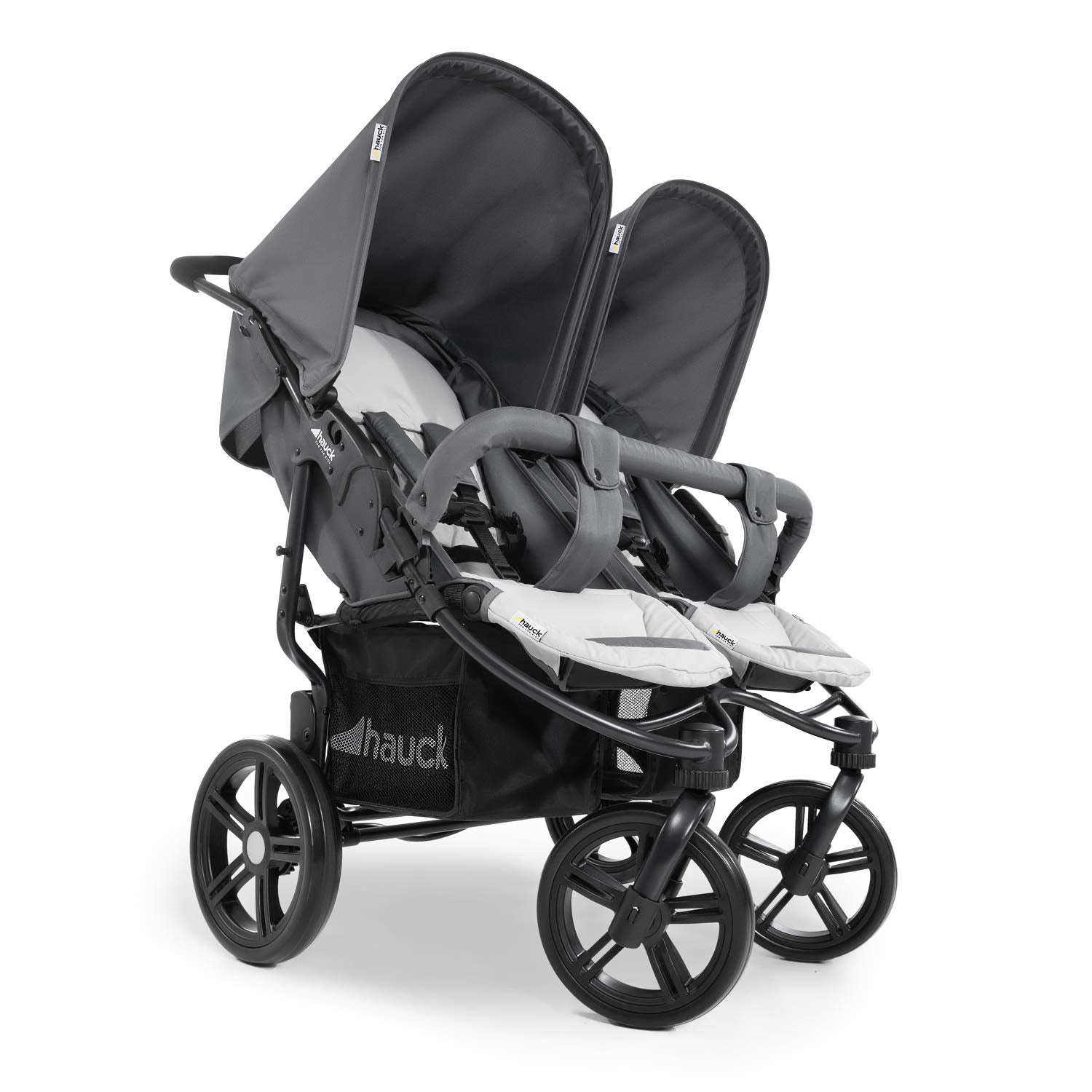 hauck Geschwisterwagen Roadster Duo SLX, Zwillingsbuggy ab Geburt bis 15 kg (ca. 3 Jahren) mit Liegefunktion, XL Korb, Einfach und Klein Zusammenklappbar, Große Räder (Grey/Silver)